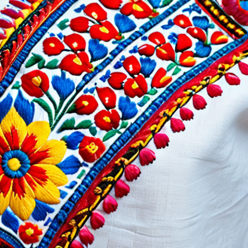 Home 6 **Prompt:** Intricate close-up of a "Vyshyvanka" (Ukrainian embroidered shirt), showcasing vibrant geometric and floral patterns. Focus on the texture of the linen and cotton threads. Modern fashion elements incorporated subtly. Bright, saturated colors.