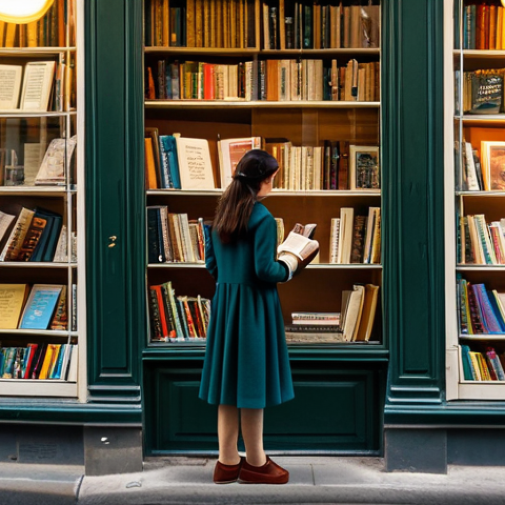 우크라이나 교육 제도 - A Parisian Bookstore**
"A young woman in a modest dress and comfortable shoes browsing books at a q...