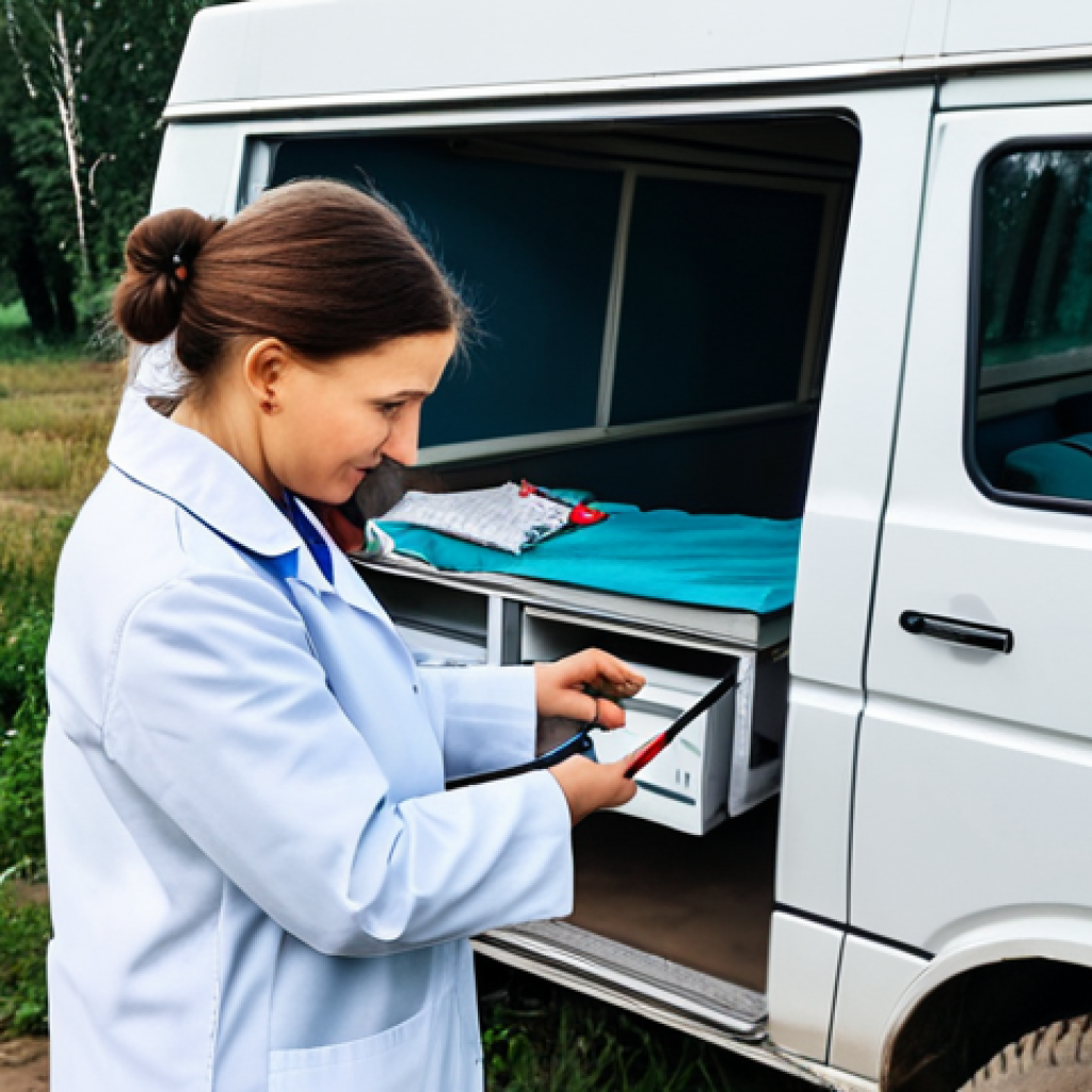 우크라이나 병원 및 의료 서비스 - Mobile Clinic in Rural Ukraine**

"A fully clothed female doctor, wearing a modest white coat, exami...