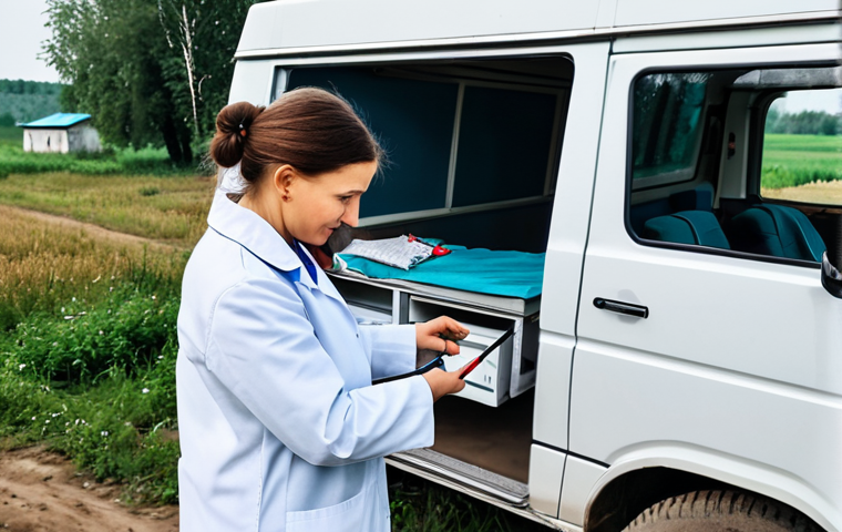 우크라이나 병원 및 의료 서비스 - Mobile Clinic in Rural Ukraine**
"A fully clothed female doctor, wearing a modest white coat, exami...