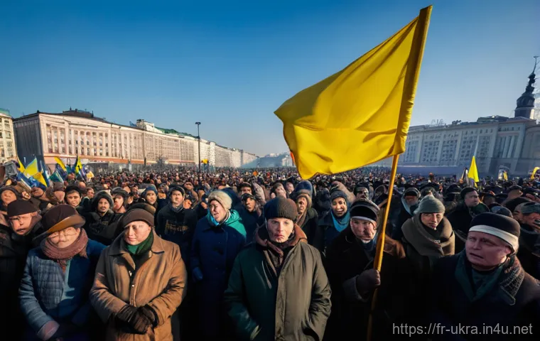 유로마이단 혁명 배경 - **Prompt: Euromaidan's Dawn of Hope and Unity**
"A wide-angle shot capturing the serene yet dete...