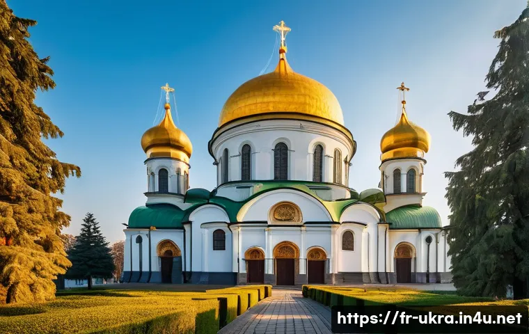 우크라이나 건축 스타일 - **Prompt:** A majestic, wide-angle view of Saint Sophia Cathedral in Kyiv under a clear morning sky....