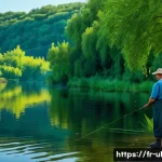 우크라이나에서 낚시 즐기는 방법 - A serene Ukrainian riverside fishing scene at dawn along the Dnipro River, featuring a fisherman in ...