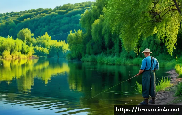 우크라이나에서 낚시 즐기는 방법 - A serene Ukrainian riverside fishing scene at dawn along the Dnipro River, featuring a fisherman in ...