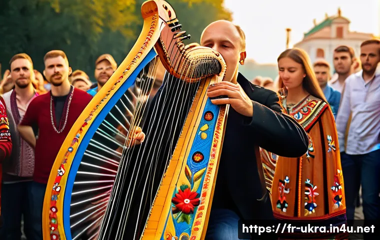 우크라이나 전통 악기 소개 - A skilled Ukrainian musician playing the traditional bandura at a vibrant folk festival in Kiev, sur...