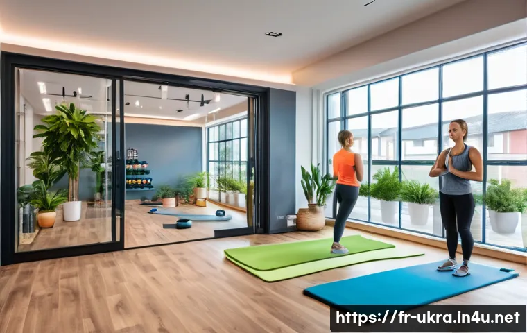 우크라이나 헬스장 문화 - A modern Ukrainian premium gym interior bustling with diverse adults engaged in various activities: ...