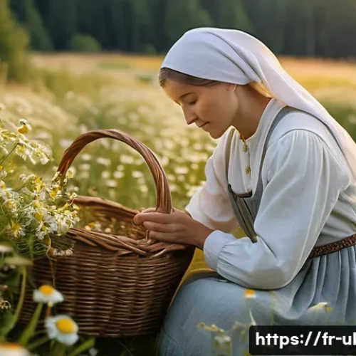 우크라이나 전통 약초 치료법 - A serene Ukrainian meadow at dawn, filled with abundant wild chamomile flowers in full bloom, with a...