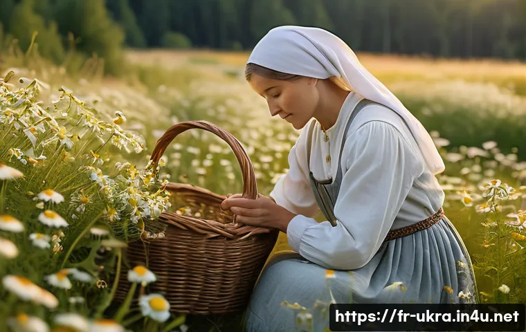 우크라이나 전통 약초 치료법 - A serene Ukrainian meadow at dawn, filled with abundant wild chamomile flowers in full bloom, with a...