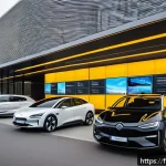 우크라이나 자동차 산업 - A modern Ukrainian electric vehicle showroom in Kyiv, showcasing sleek electric and hybrid cars targ...