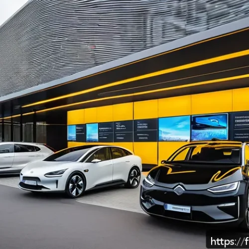 우크라이나 자동차 산업 - A modern Ukrainian electric vehicle showroom in Kyiv, showcasing sleek electric and hybrid cars targ...