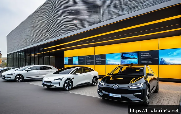 우크라이나 자동차 산업 - A modern Ukrainian electric vehicle showroom in Kyiv, showcasing sleek electric and hybrid cars targ...
