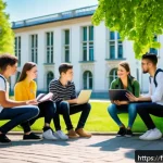 우크라이나 국립대학 소개 - A vibrant university campus scene in Ukraine blending historic and modern architecture, showing stud...