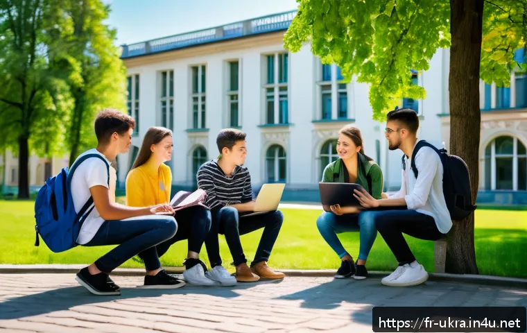 우크라이나 국립대학 소개 - A vibrant university campus scene in Ukraine blending historic and modern architecture, showing stud...