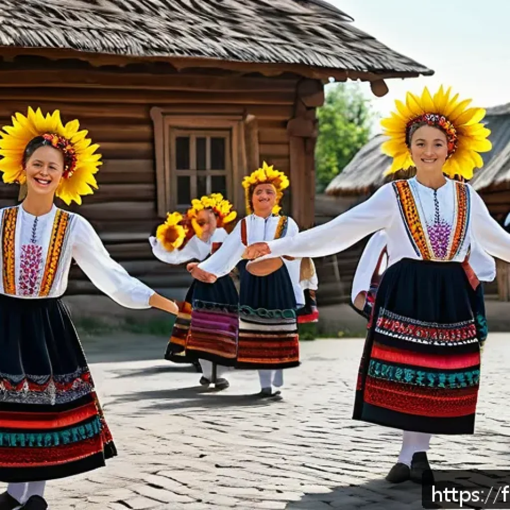 우크라이나 소비에트 연방 시기 - A vibrant Ukrainian folk dance scene set in a traditional village square during a cultural festival,...