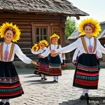 우크라이나 소비에트 연방 시기 - A vibrant Ukrainian folk dance scene set in a traditional village square during a cultural festival,...