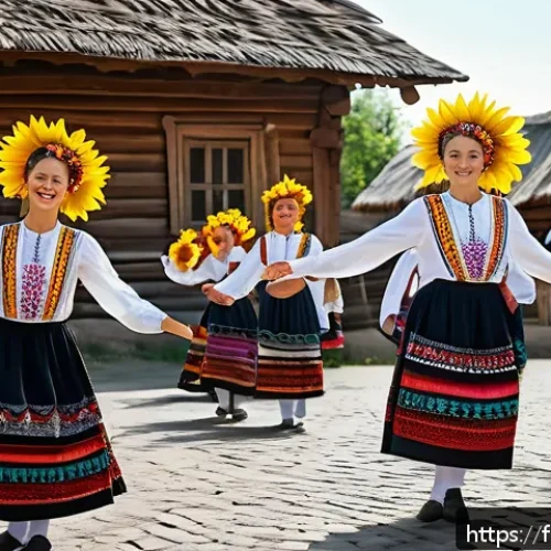 우크라이나 소비에트 연방 시기 - A vibrant Ukrainian folk dance scene set in a traditional village square during a cultural festival,...
