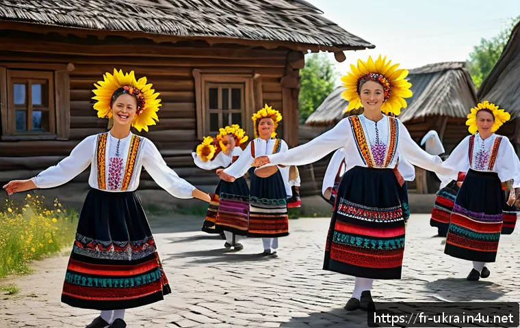 우크라이나 소비에트 연방 시기 - A vibrant Ukrainian folk dance scene set in a traditional village square during a cultural festival,...