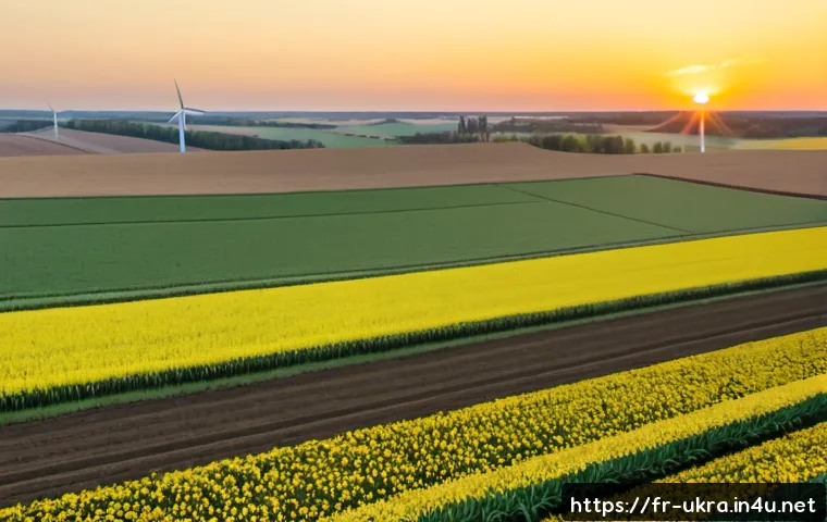 Home 17 우크라이나 친환경 농업 정책 - Photorealistic wide view of a sustainable Ukrainian grain farm at sunrise, fertile fields divided by...