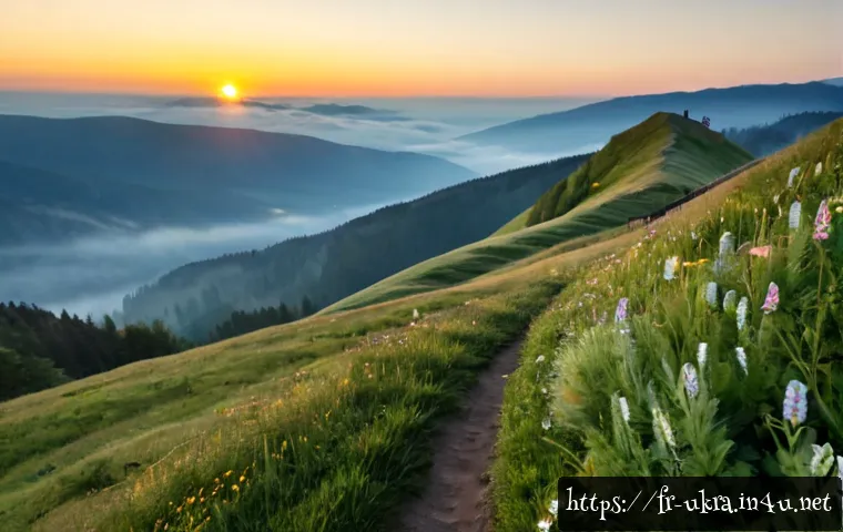우크라이나 카르파티아 산맥 여행 - Photorealistic wide landscape of Ukraine’s Carpathian Mountains at sunrise, rolling green ridges lay...