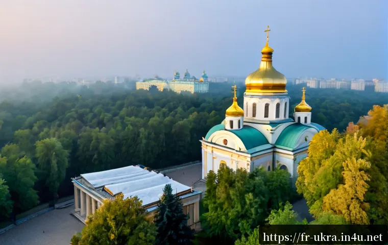 우크라이나에서 가장 오래된 도서관 - Photorealistic dawn view of Saint Sophia Cathedral in Kyiv, Ukraine, historic golden domes and pale ...